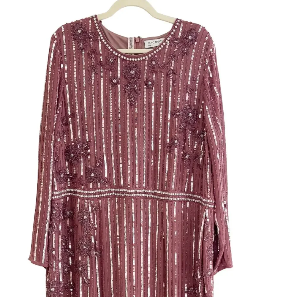 Mac Duggal Long Sleeve Embellished Tea Length Dress 18 Pink NWT Style 93627
